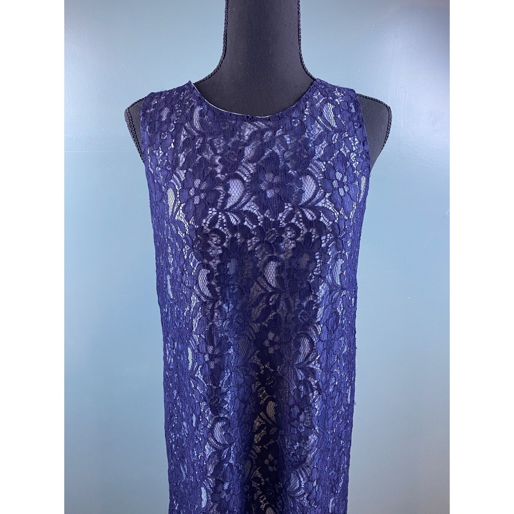 Navy‎ Blue Floral Lace Sleeveless Shift Dress Round Neck Midi Elegant Cocktail - Picture 9 of 16